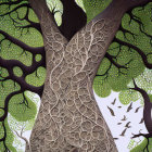 Detailed illustration of whimsical tree with intricate patterns and vibrant green canopy