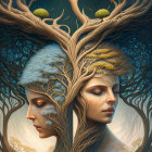 Illustrative art of four ethereal humanoid figures with golden crown-like headdresses intertwined with a tree motif