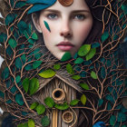 Surreal portrait of woman with blue eyes and nature elements