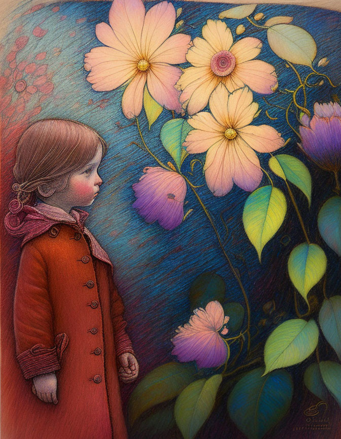 Child in red coat admiring whimsical flower garden