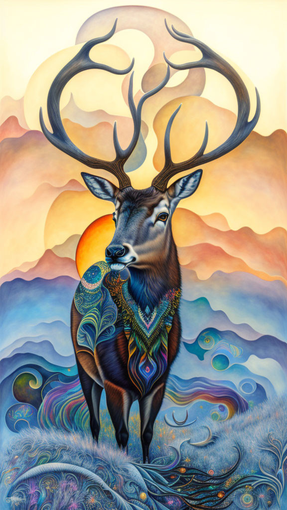 Vibrant surreal painting of stag with ornate patterns against mountain backdrop