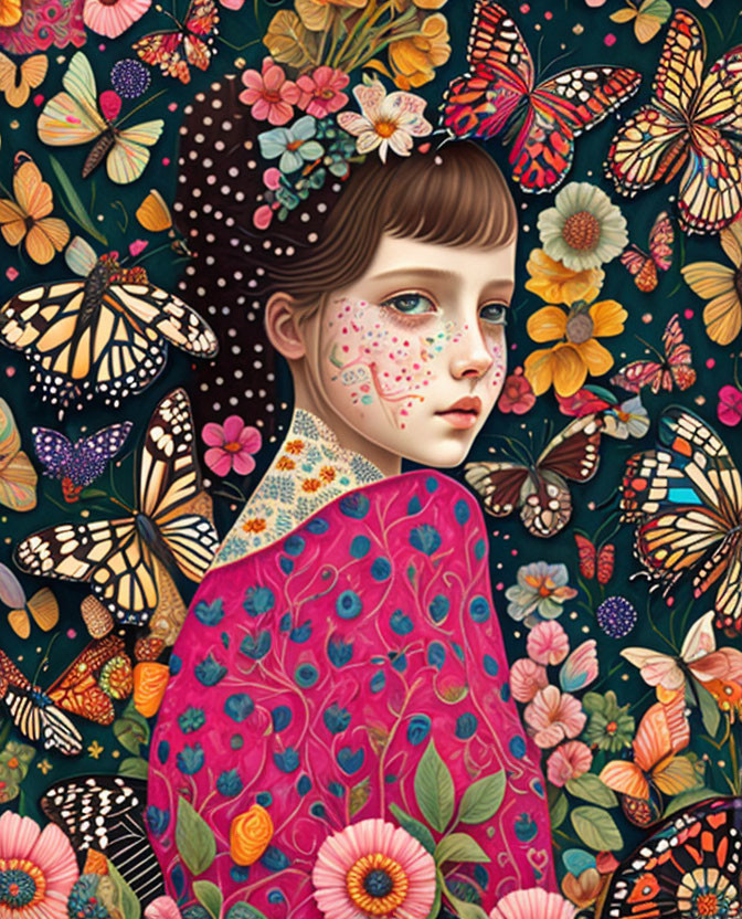 Girl surrounded by butterflies in floral outfit and face design