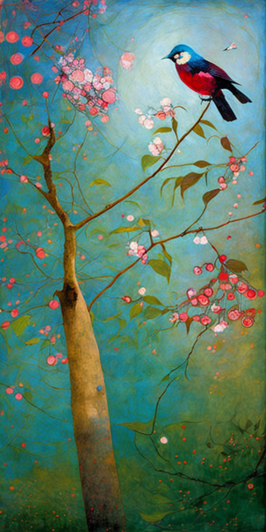 Colorful painting of blue and red bird on blossoming tree against teal backdrop