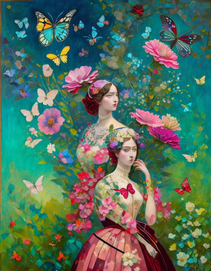 Artwork: Two Women in Floral Dresses with Butterflies and Flowers