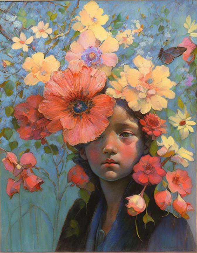 Colorful Flower Painting Featuring Young Girl and Butterfly