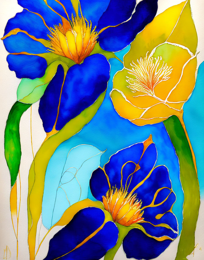 Colorful watercolor painting of stylized blue flowers with golden yellow highlights and bold black outlines