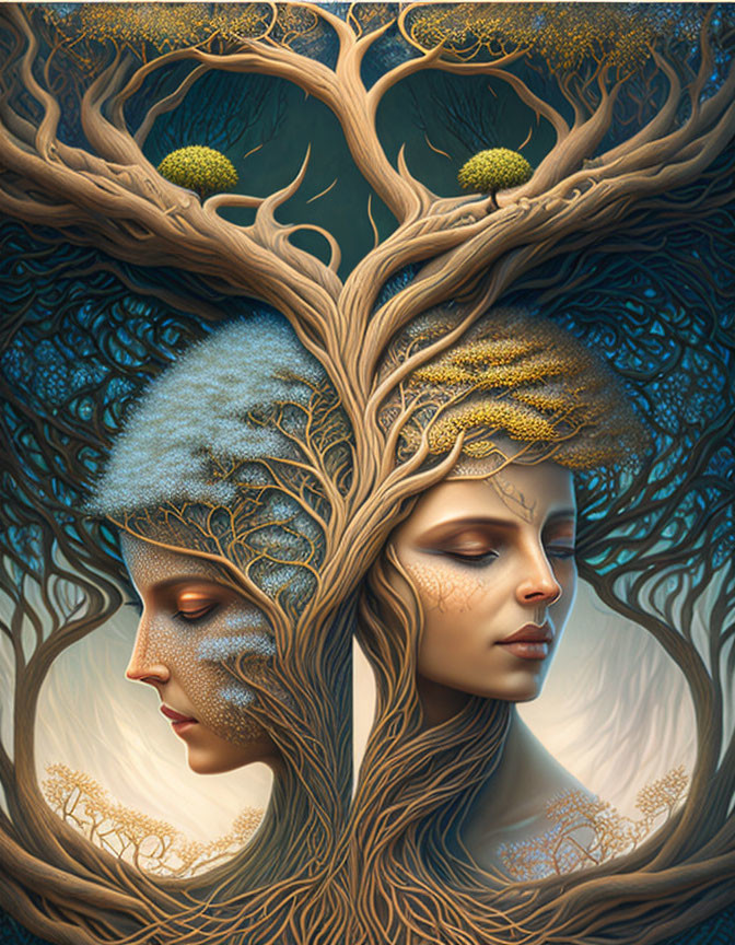 Intricately detailed faces merging with a tree symbolize human-nature connection.