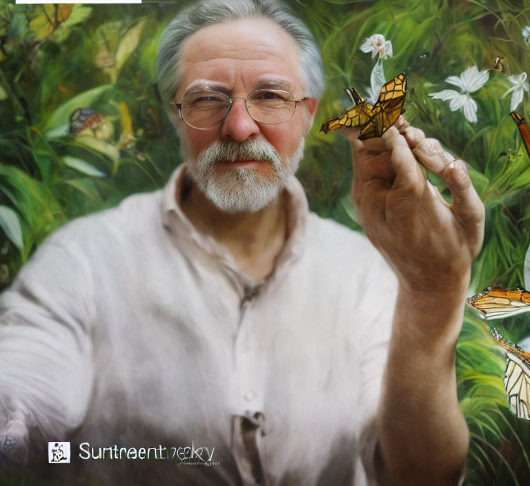 Elderly man with glasses holding butterfly in garden full of flowers