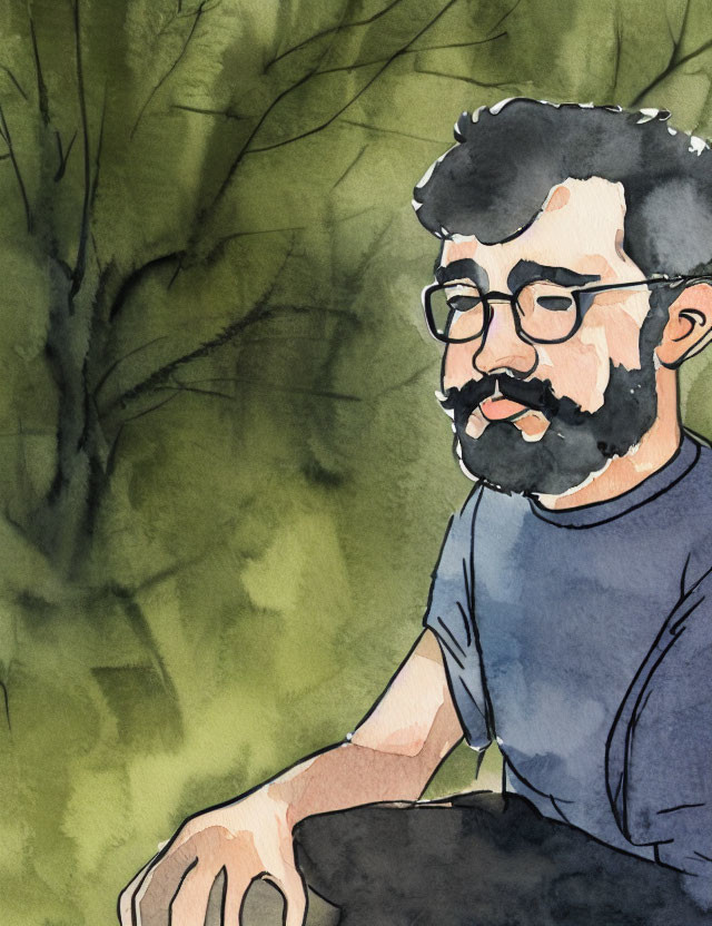 Bearded man in glasses with trees in watercolor