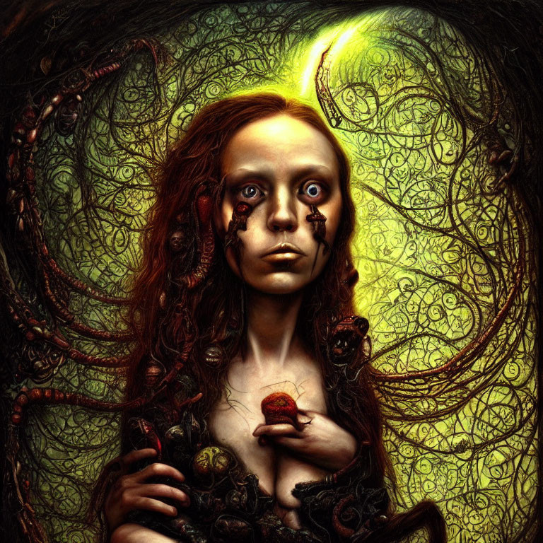 Surreal portrait of wide-eyed girl with tentacle-like hair holding heart on dark, intricate background