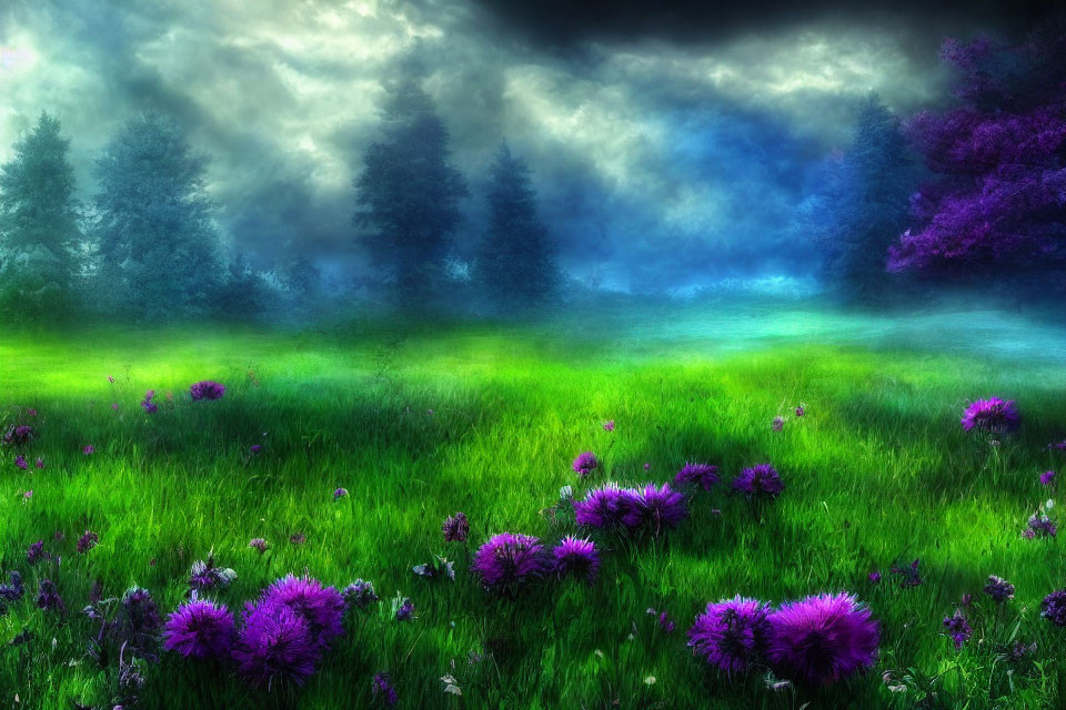 Mystical forest scene with lush greenery, purple wildflowers, mist, and ethereal blue