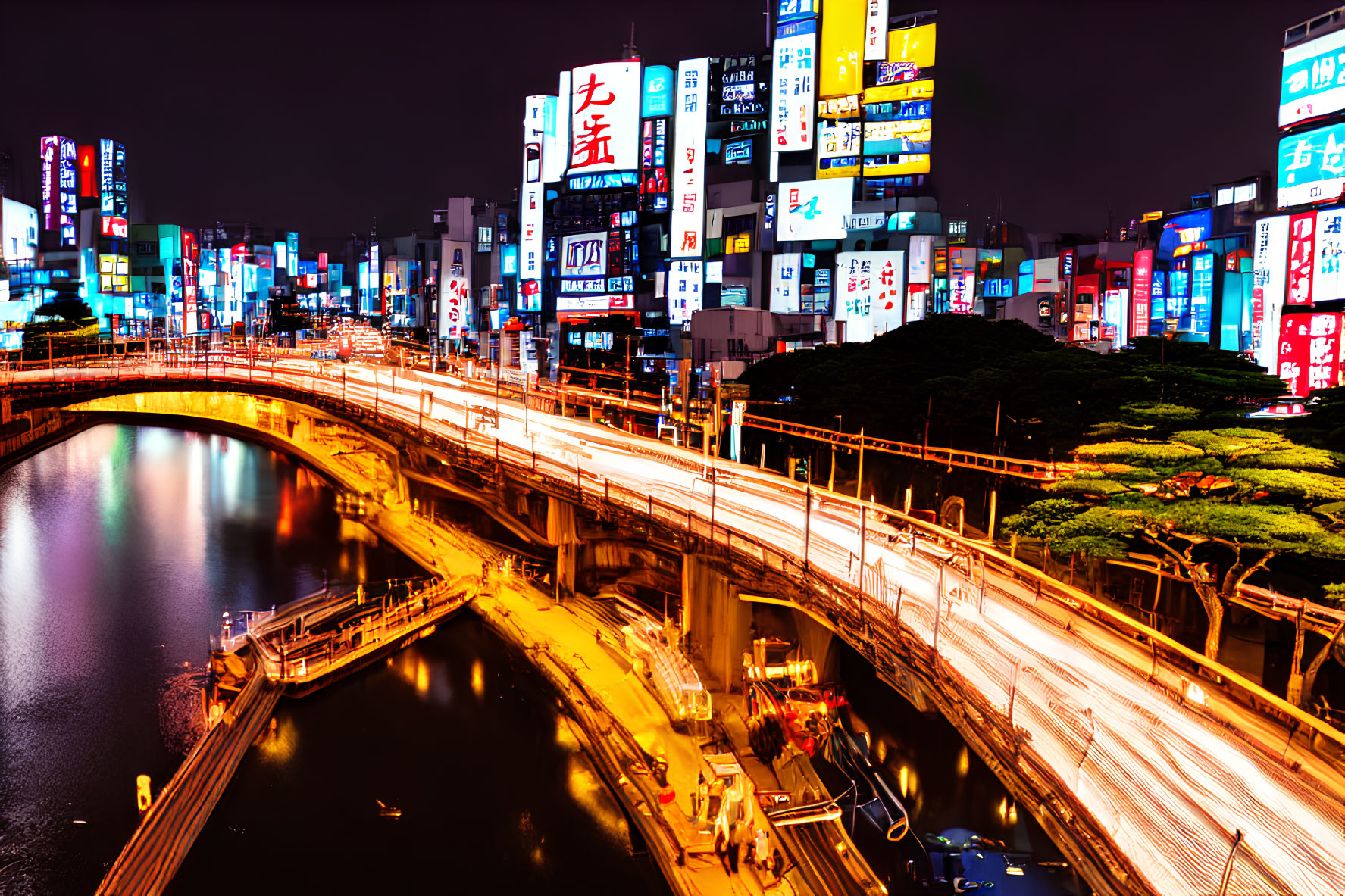 Cityscape at Night: River, Billboards, Bridge Illuminated