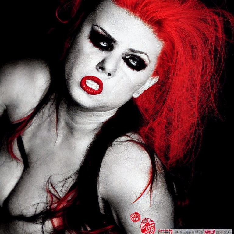 Striking Red Hair and Lipstick on Woman Against Grayscale Backdrop