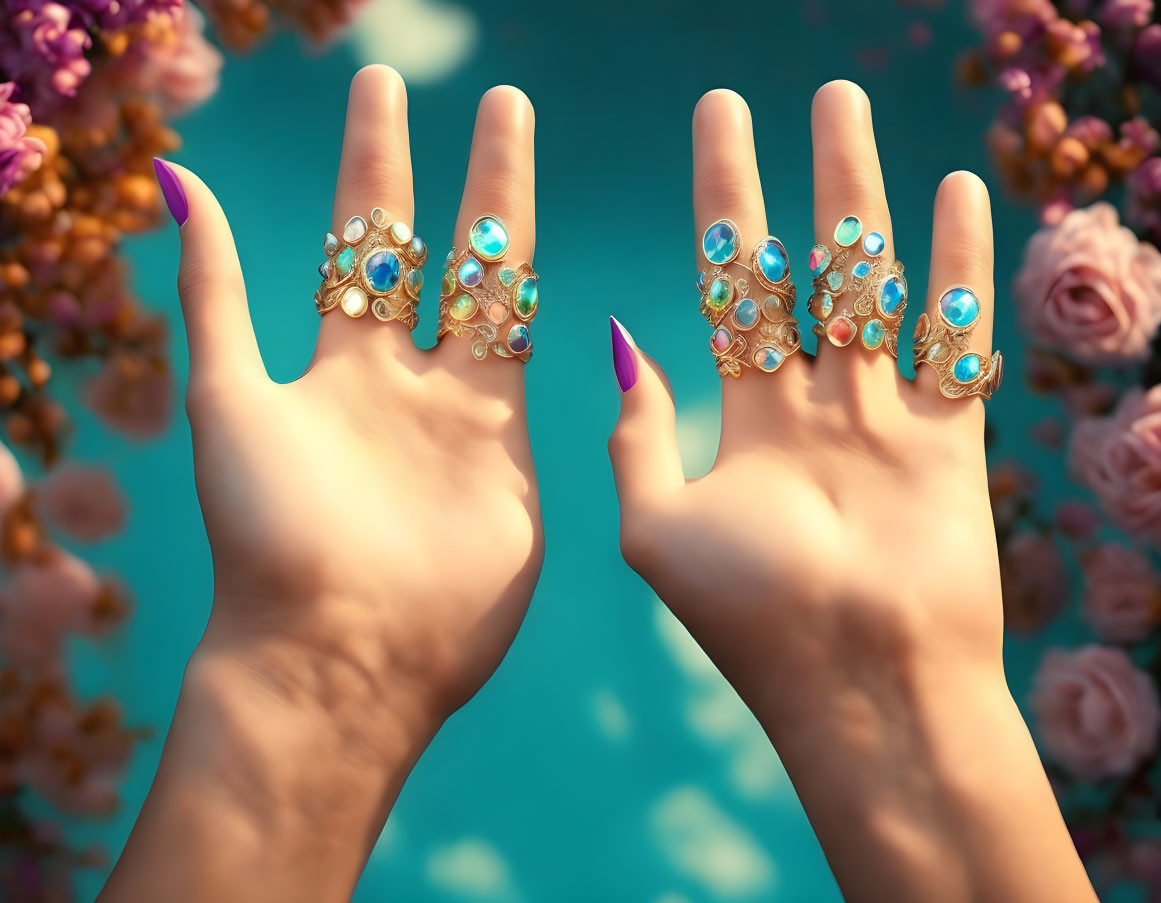 Pink nail polish on hands with ornate rings against floral background.