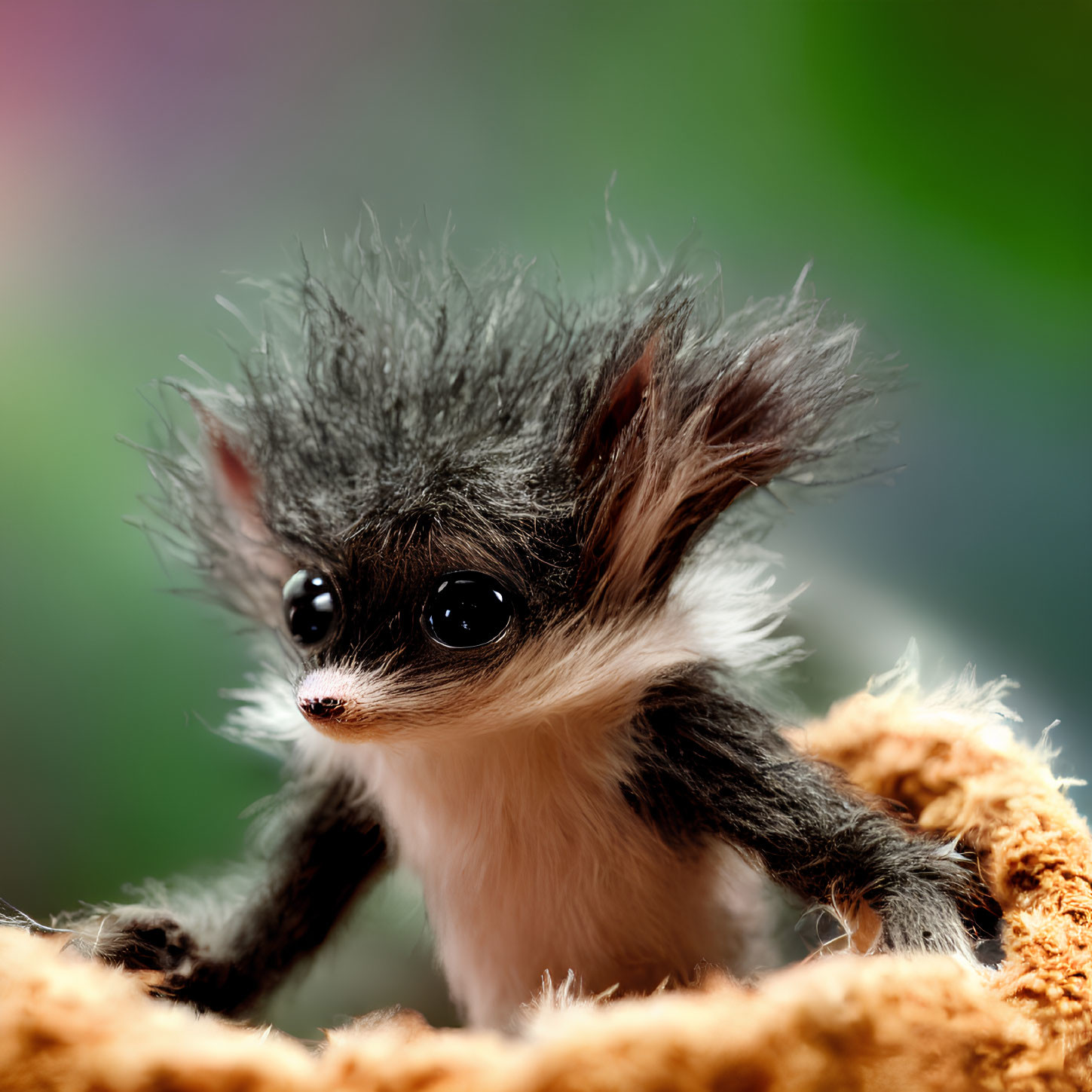 Fluffy creature with big eyes peeking from fuzzy material