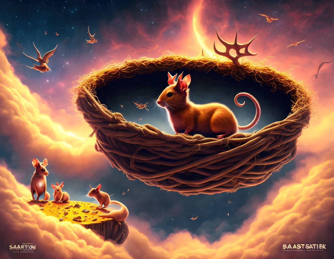 Fantasy sky illustration: rodents in giant nest, playing on rock, bird nearby