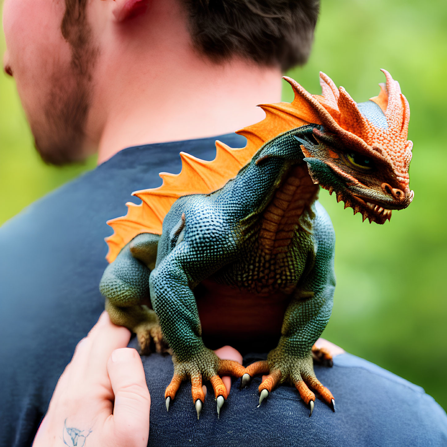 Person with Arm Tattoo Holding Realistic Orange and Green Dragon Model