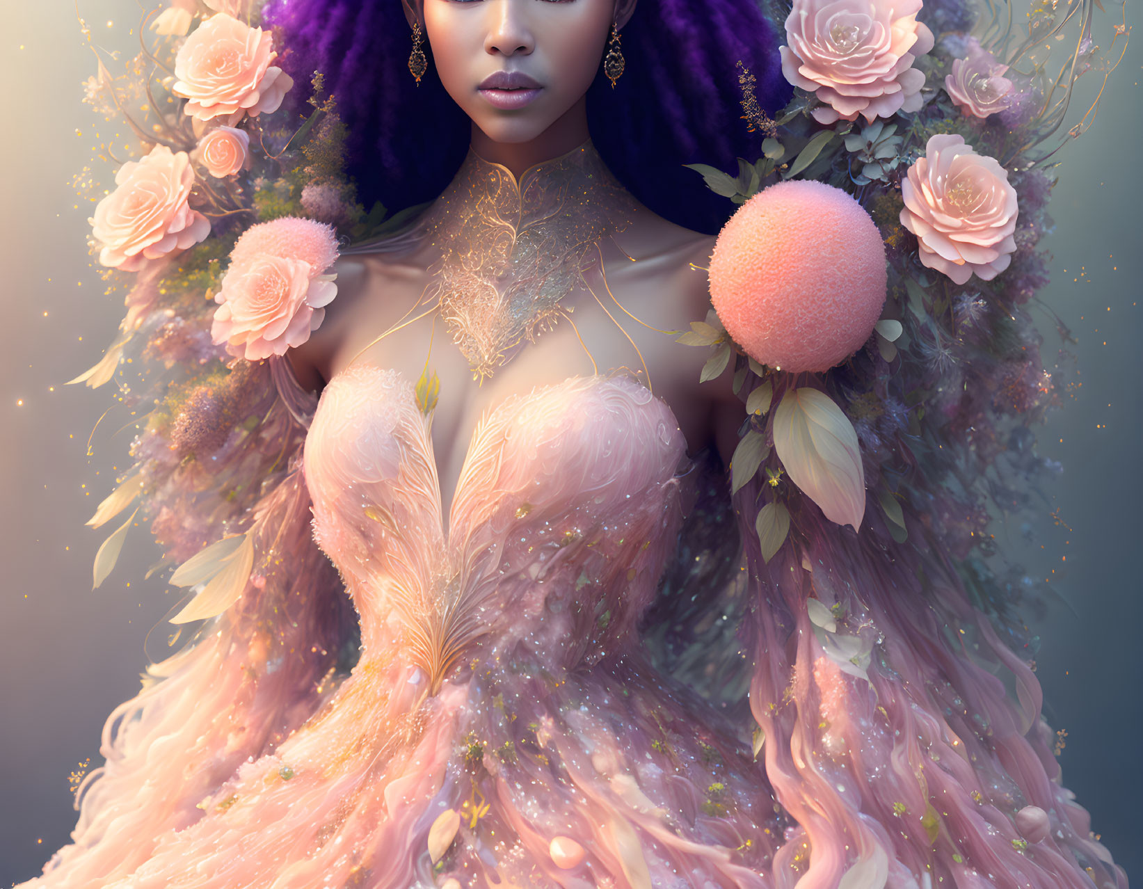 Fantasy artwork of woman in floral gown with pink and peach flowers