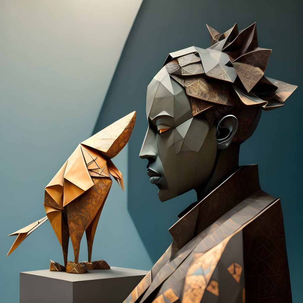 Geometric origami sculpture of woman's head and bird in bronzed tones