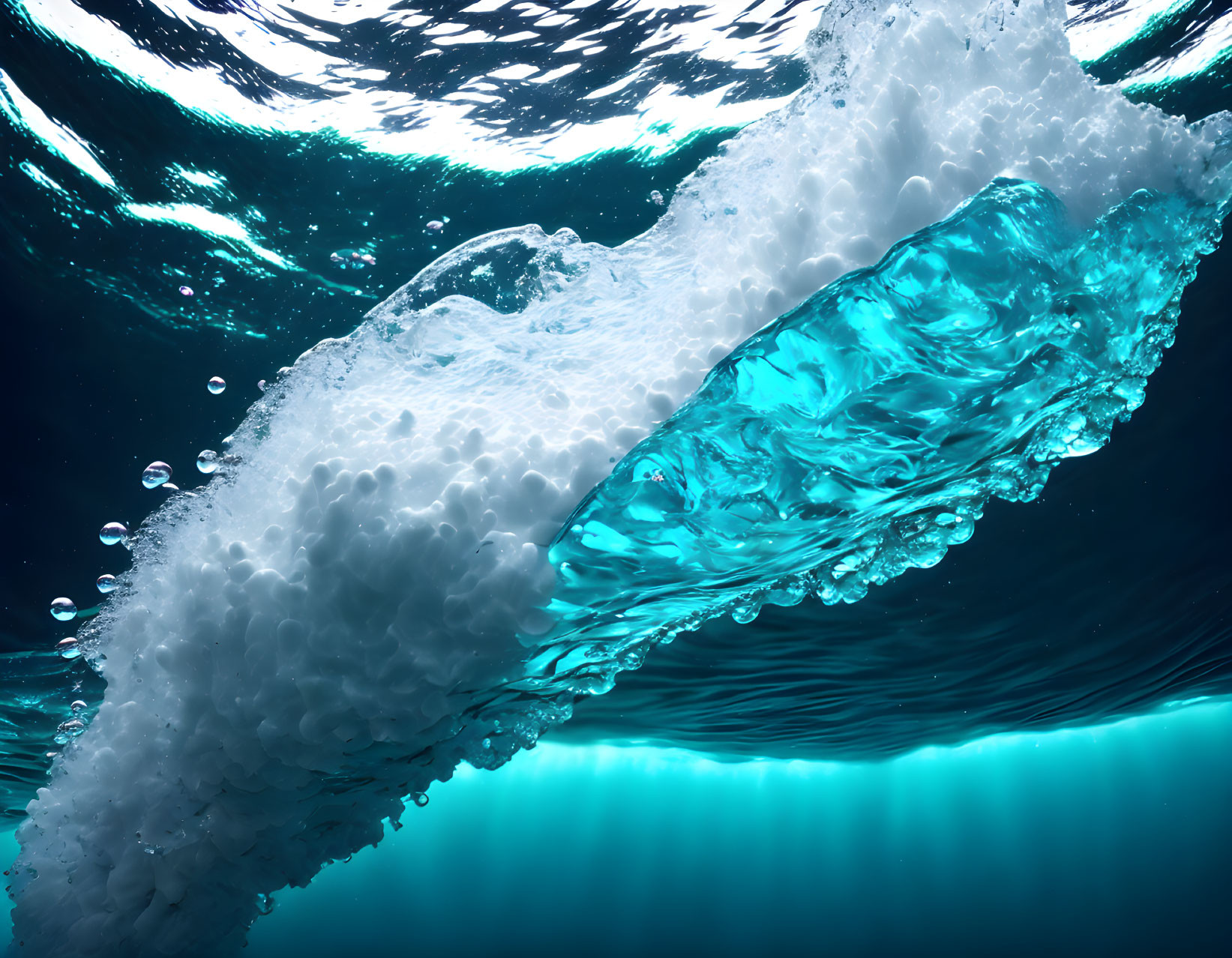 Large Ice Chunk Underwater with Bubbles and Blue Illumination