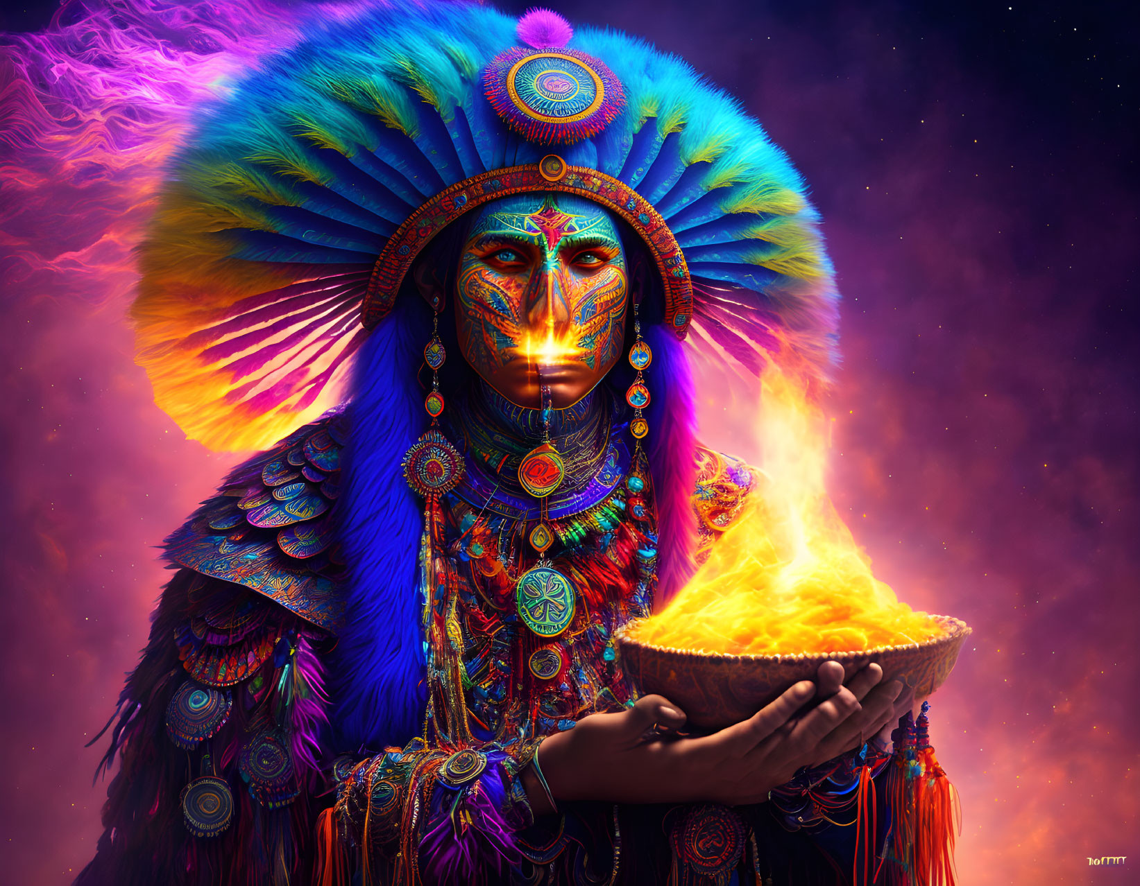 Person in ornate face paint and headdress holding fire bowl against cosmic backdrop