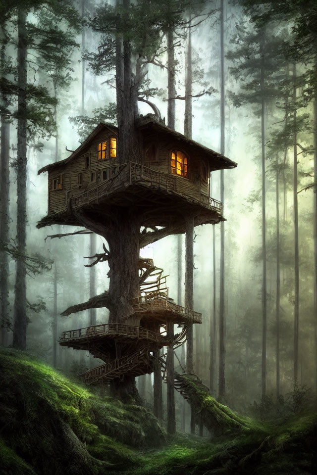 Enchanting Treehouse in Misty Forest with Glowing Windows