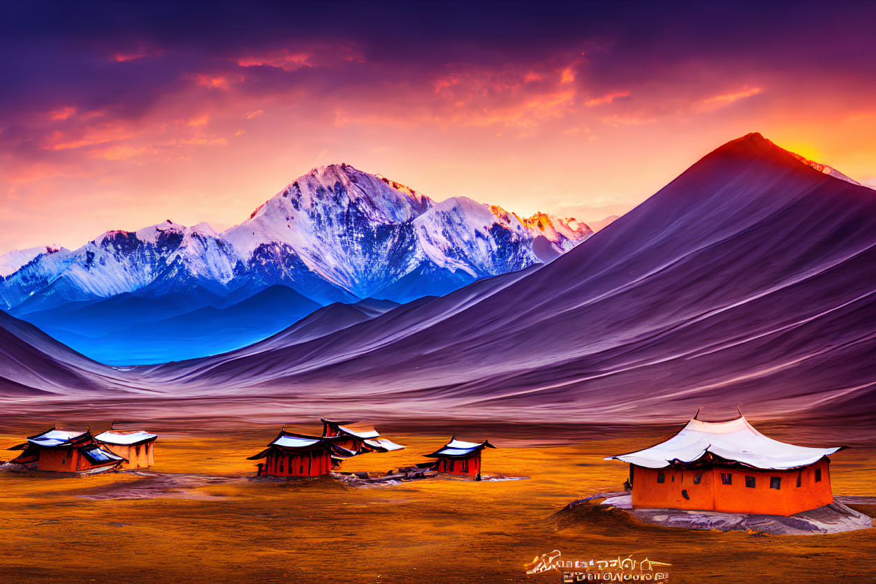 Sunset over Snow-Capped Mountains and Traditional Structures