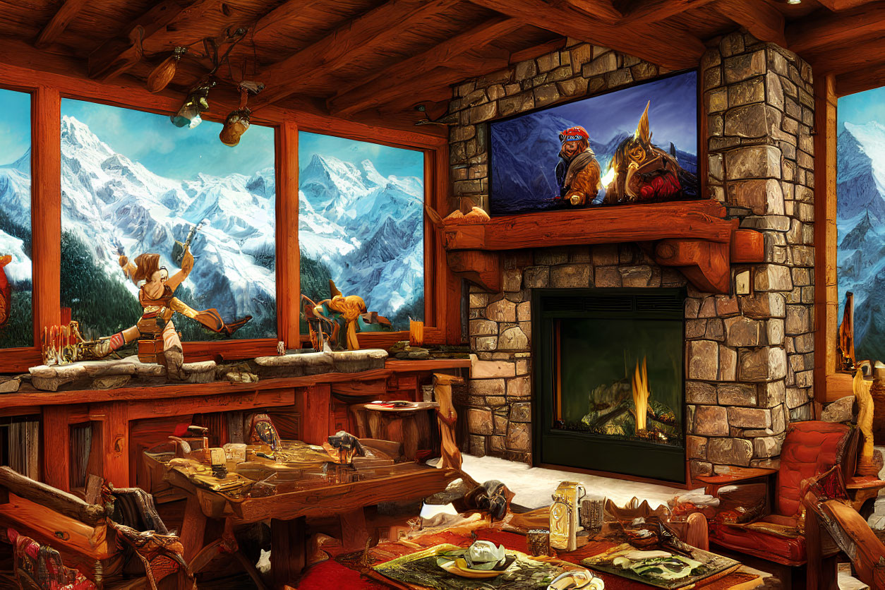 Animated cozy cabin interior with hearth, animal characters, and mountain view.