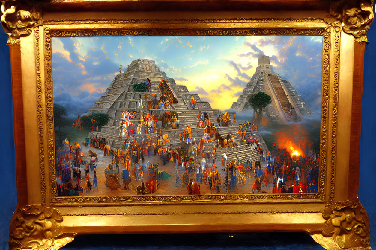 Gold-framed painting of ancient Mesoamerican city scene with pyramids, crowds, and fires.