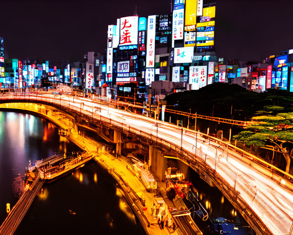 Cityscape at Night: River, Billboards, Bridge Illuminated