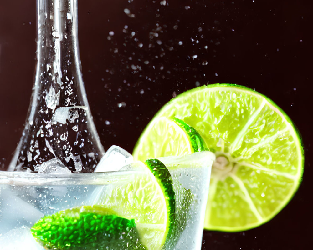 Carbonated Beverage with Ice Cubes, Lime Slice, and Bubbles on Dark Background