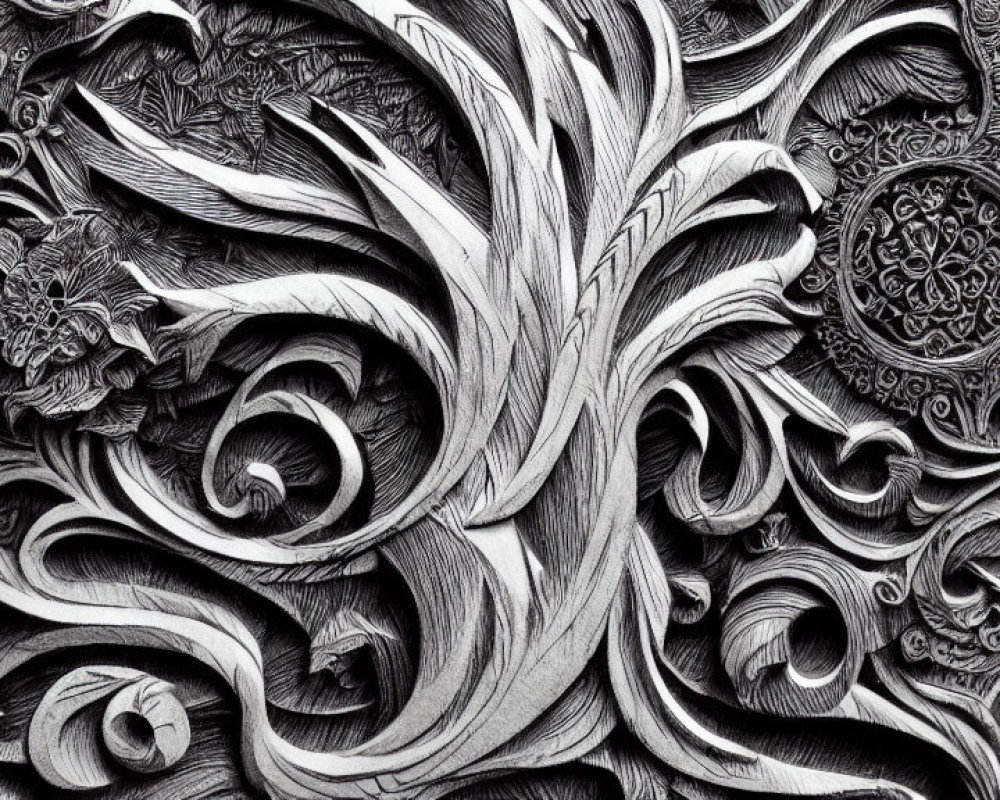 Detailed Black and White Paper Art with Swirling Patterns and Floral Motifs