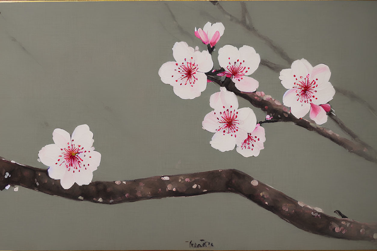 Detailed Cherry Blossoms Painting on Muted Green Background