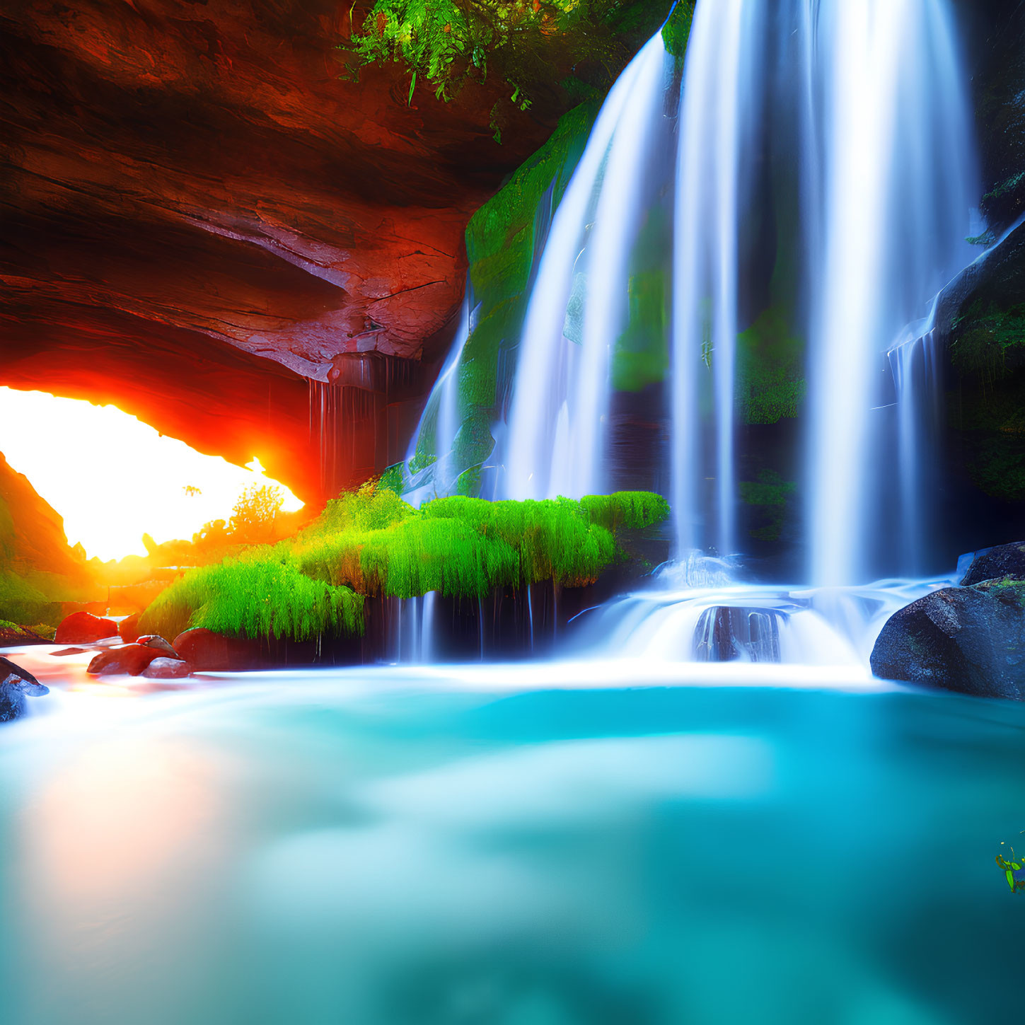 Scenic waterfall in lush greenery with blue pool