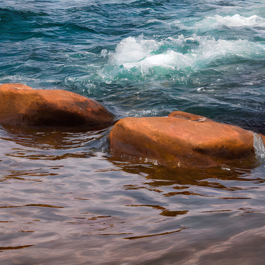 Scenic view of blue waters swirling around large rust-colored boulders