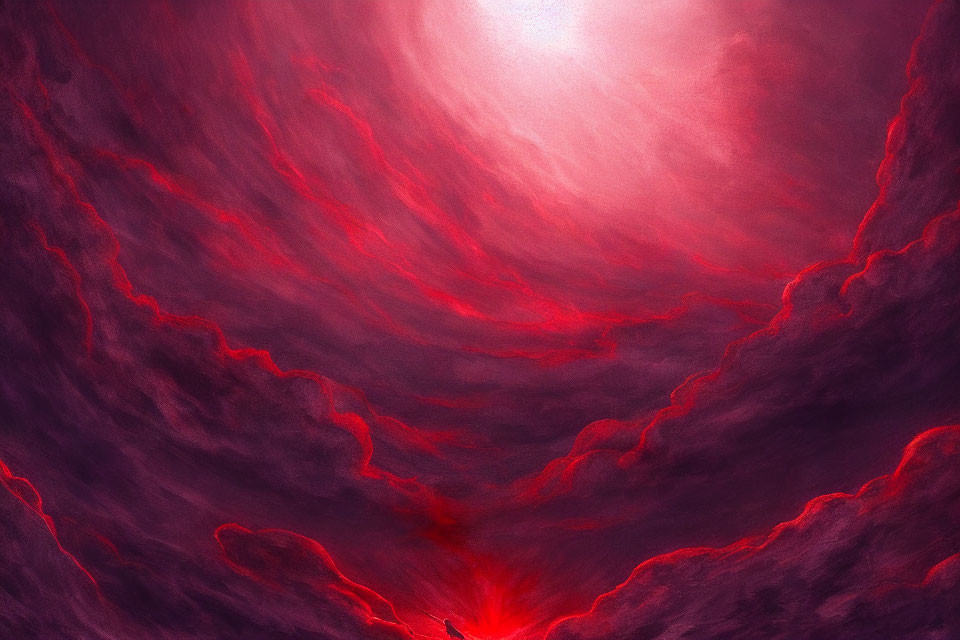 Vivid digital artwork: swirling red and purple clouds with intense light source.