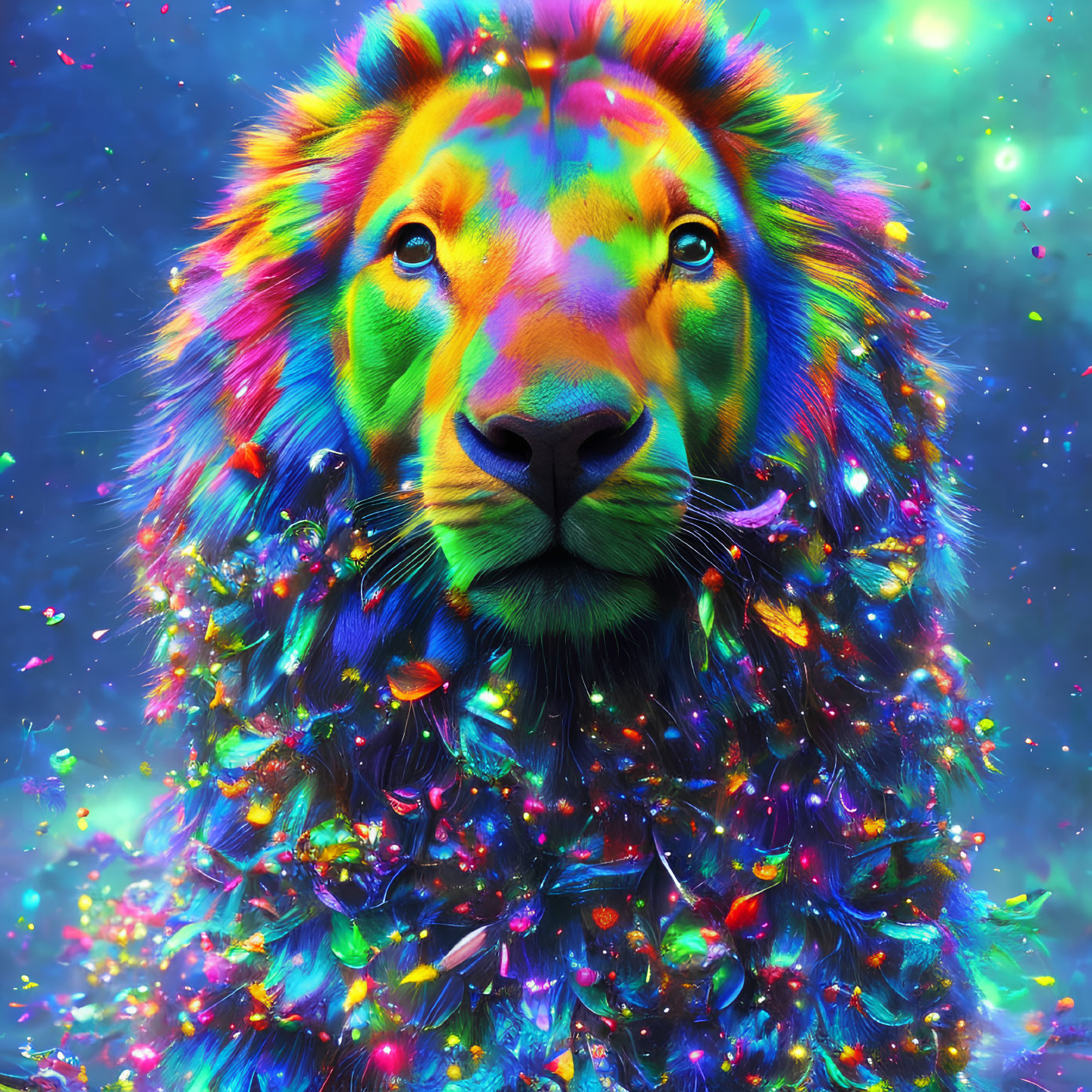 Colorful Lion with Rainbow Mane on Blue Background