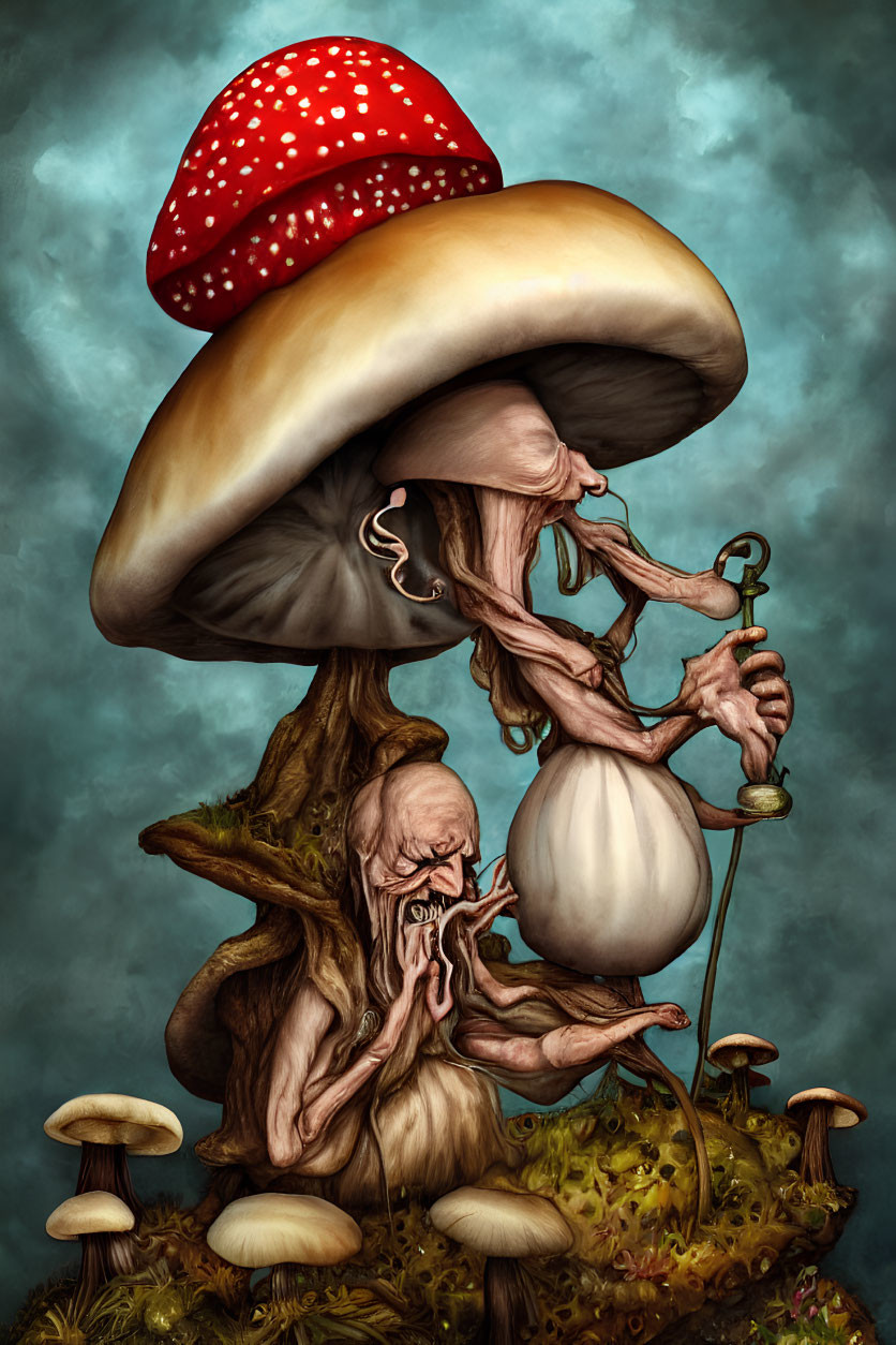 Elderly fantasy creature with mushroom cap hat holding small egg-like creature