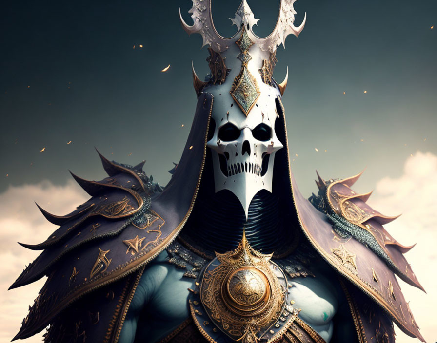 Dark armored fantasy figure with skull helmet and golden details under moody sky