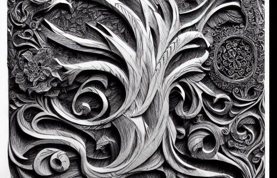 Detailed Black and White Paper Art with Swirling Patterns and Floral Motifs