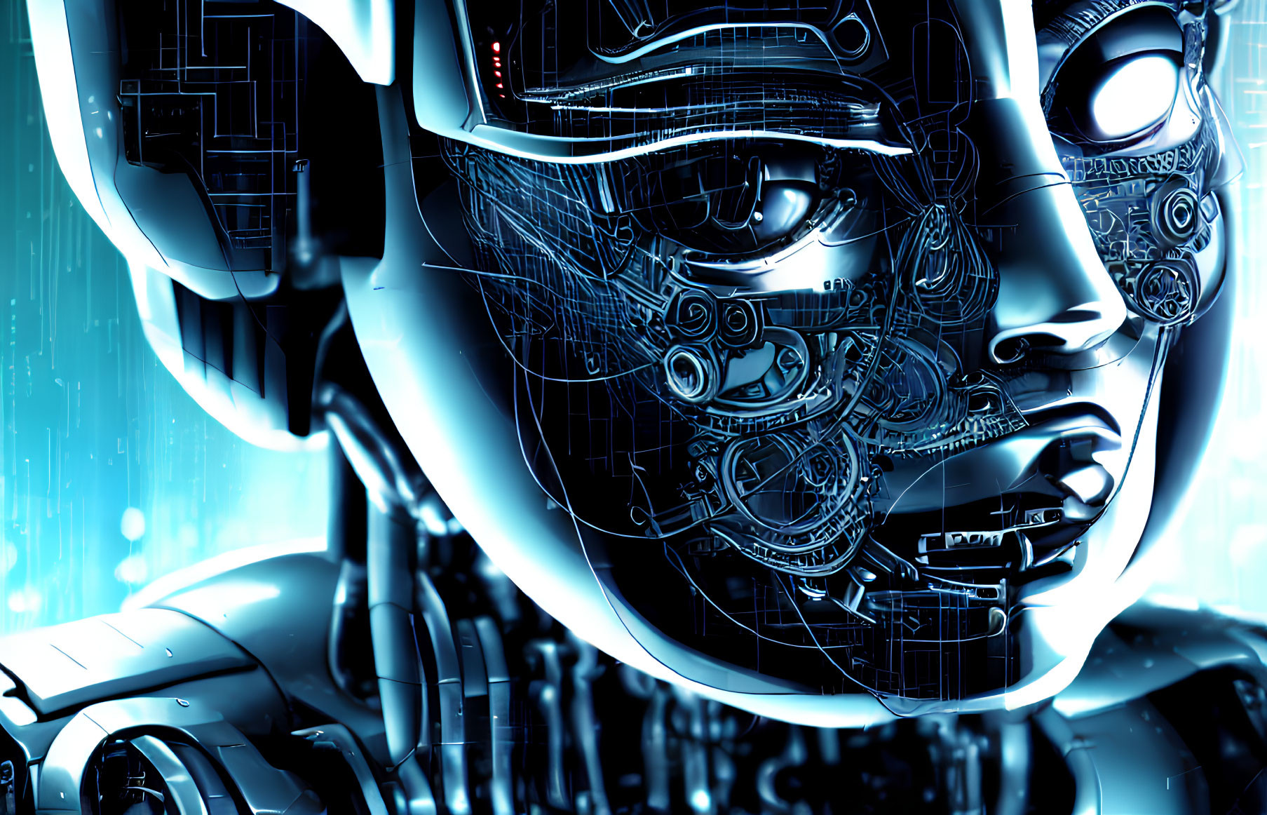 Detailed 3D-rendered humanoid robot with blue circuitry on dark background