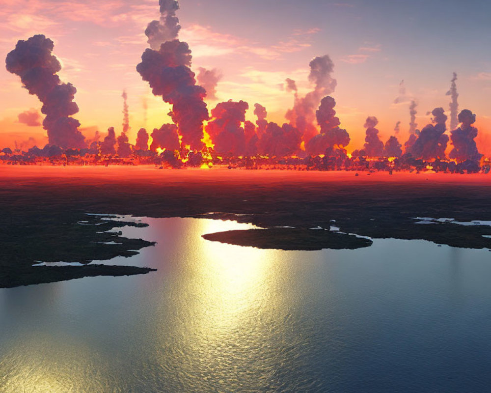 Scenic sunset over water with distant smoke plumes reflecting industrial or wildfire activity