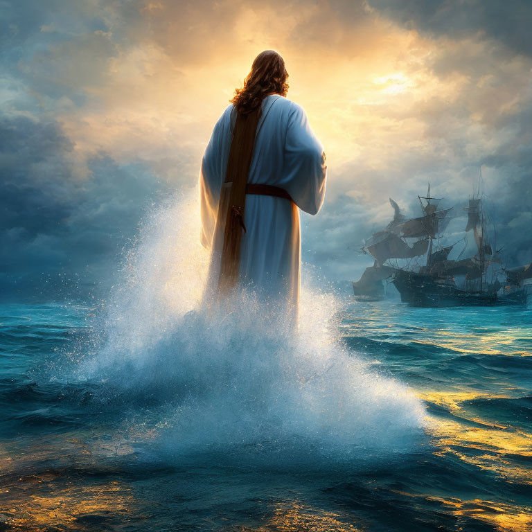 Figure in robes standing on water facing sunlit horizon with stormy clouds and sailing ship