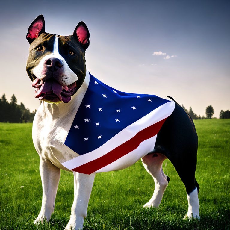 Muscular dog draped in American flag on grassy field with trees and blue sky