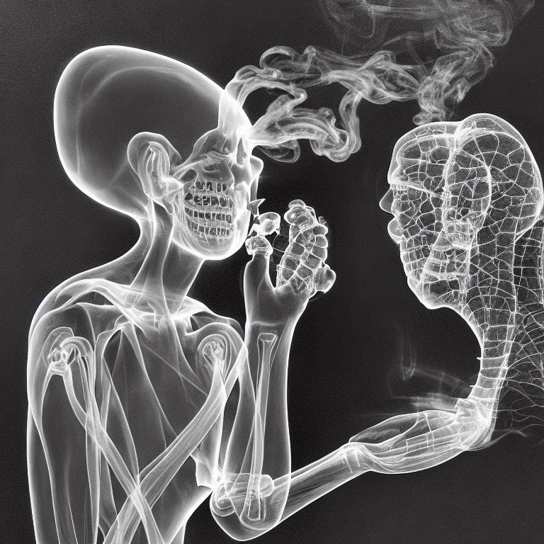 X-ray style illustration: Two figures with apple and smoke-like flow