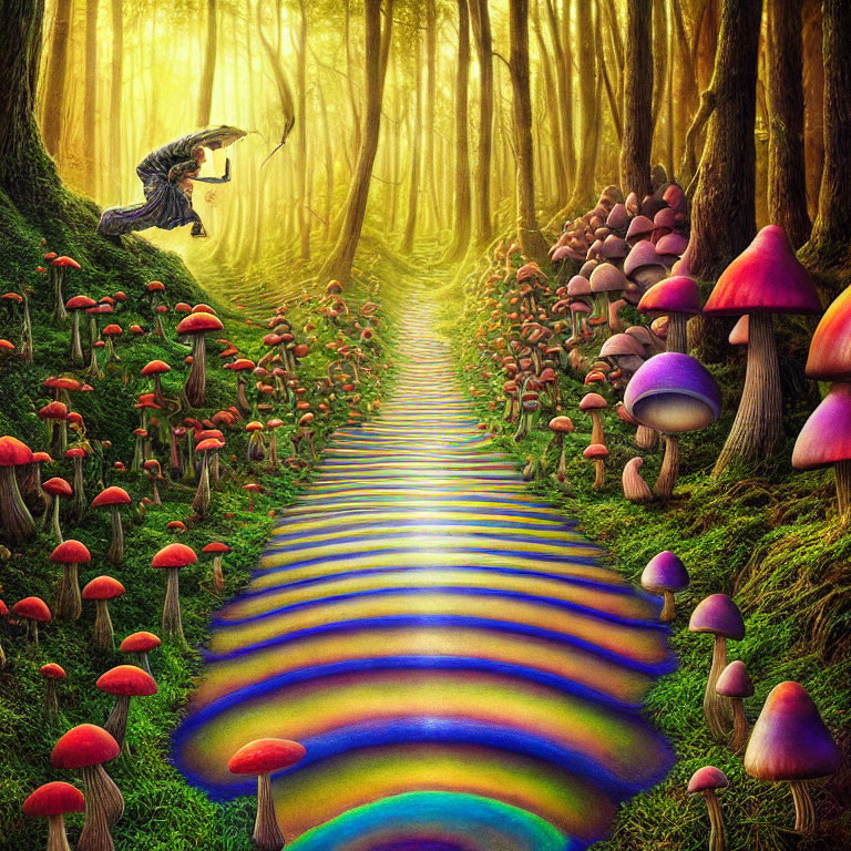 Enchanted forest path with oversized mushrooms and rainbow trail