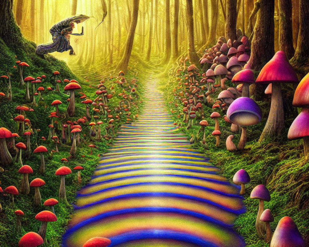 Enchanted forest path with oversized mushrooms and rainbow trail