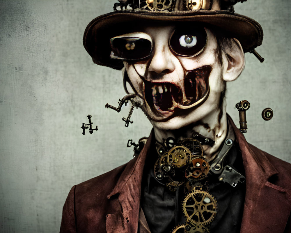 Steampunk-inspired character with mechanical eyes and jaw, vintage suit, and top hat on textured background