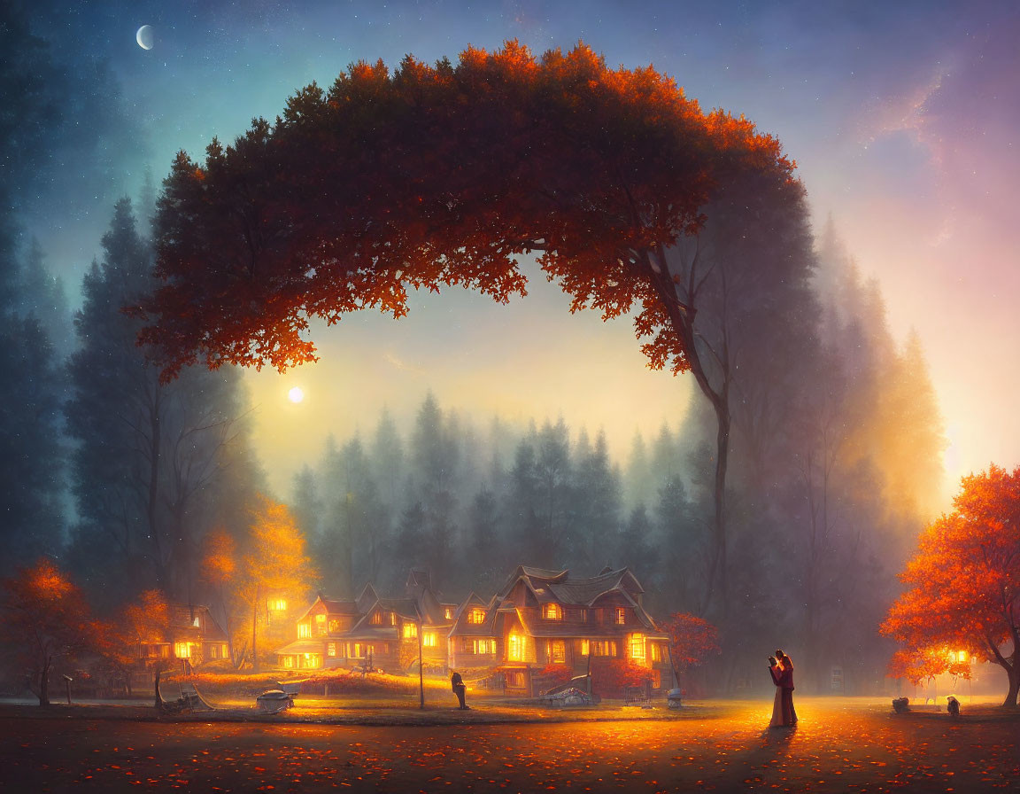 Ethereal evening scene: Glowing houses, autumn tree, person gazing at moon