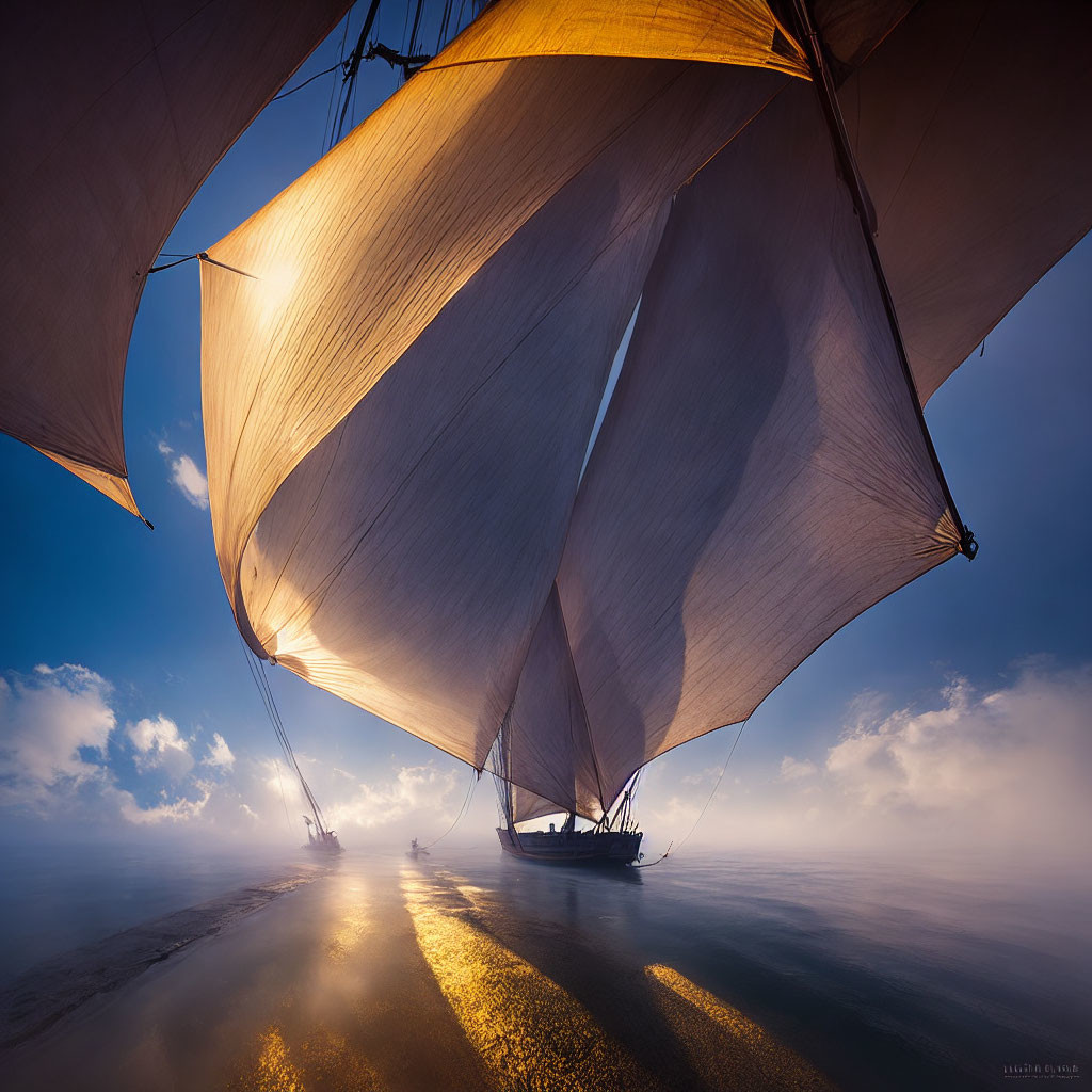 Sailing ships with billowing sails on calm waters at sunrise